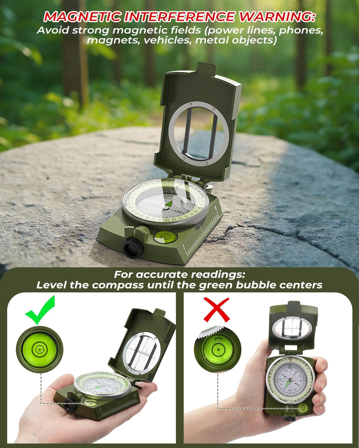 Sportneer Compass - Accurate Lightweight Orienteering Compass with Glow-in-the-Dark Feature | Waterproof Hiking Essential
