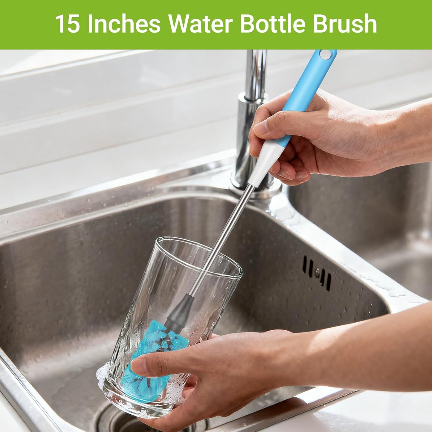 Skiennix 3-in-1 Bottle Brush - 15-Inch Long Handle for Easy Cleaning of Wine Glasses, Tumblers & More