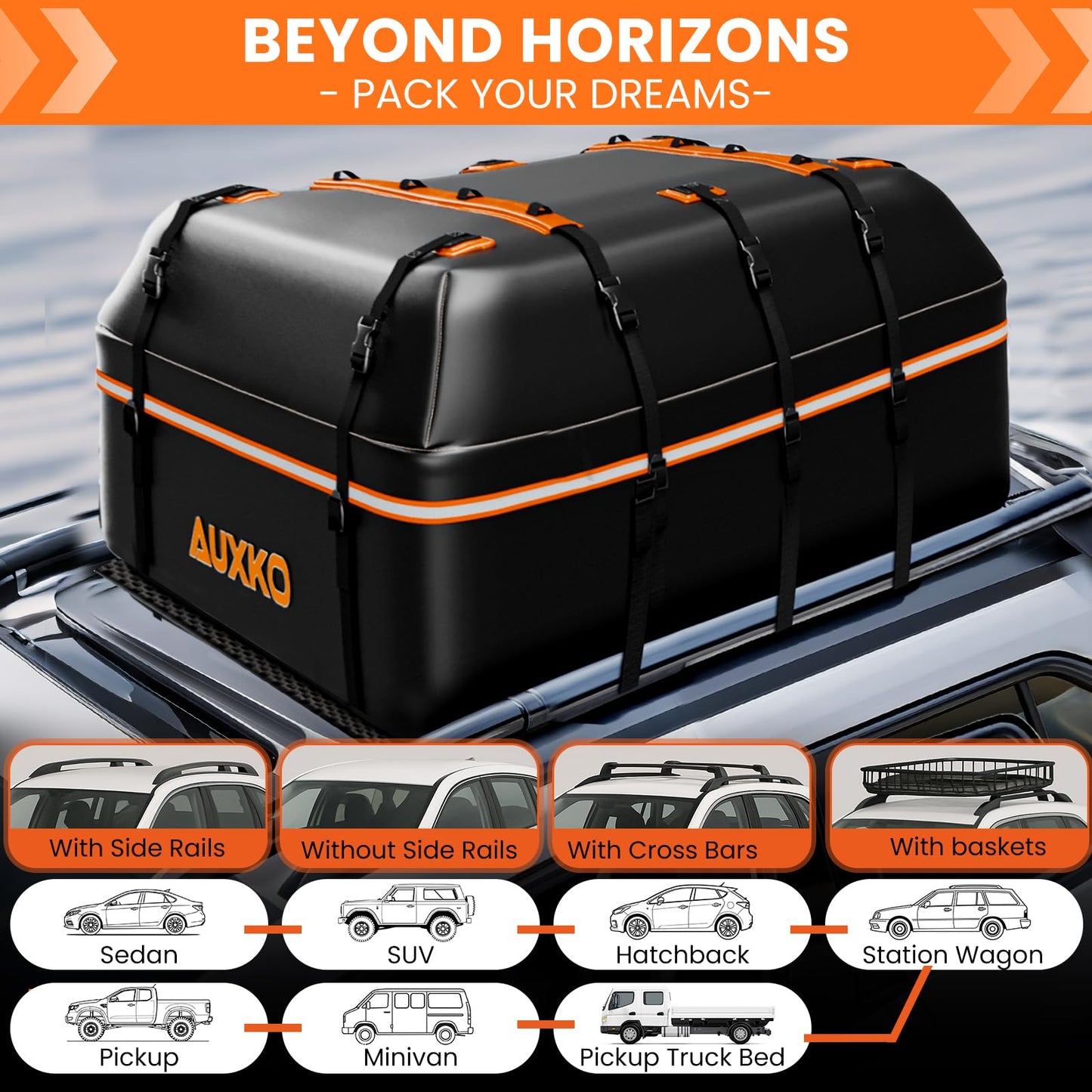 AUXKO 15 Cu.Ft Waterproof Rooftop Cargo Carrier for Cars/SUVs/Trucks, Foldable Soft Shell Roof Bag with Night-Reflective Strip, 6 Adjustable Bungee Straps & Door Hooks, Combination Lock, Anti-Slip Mat