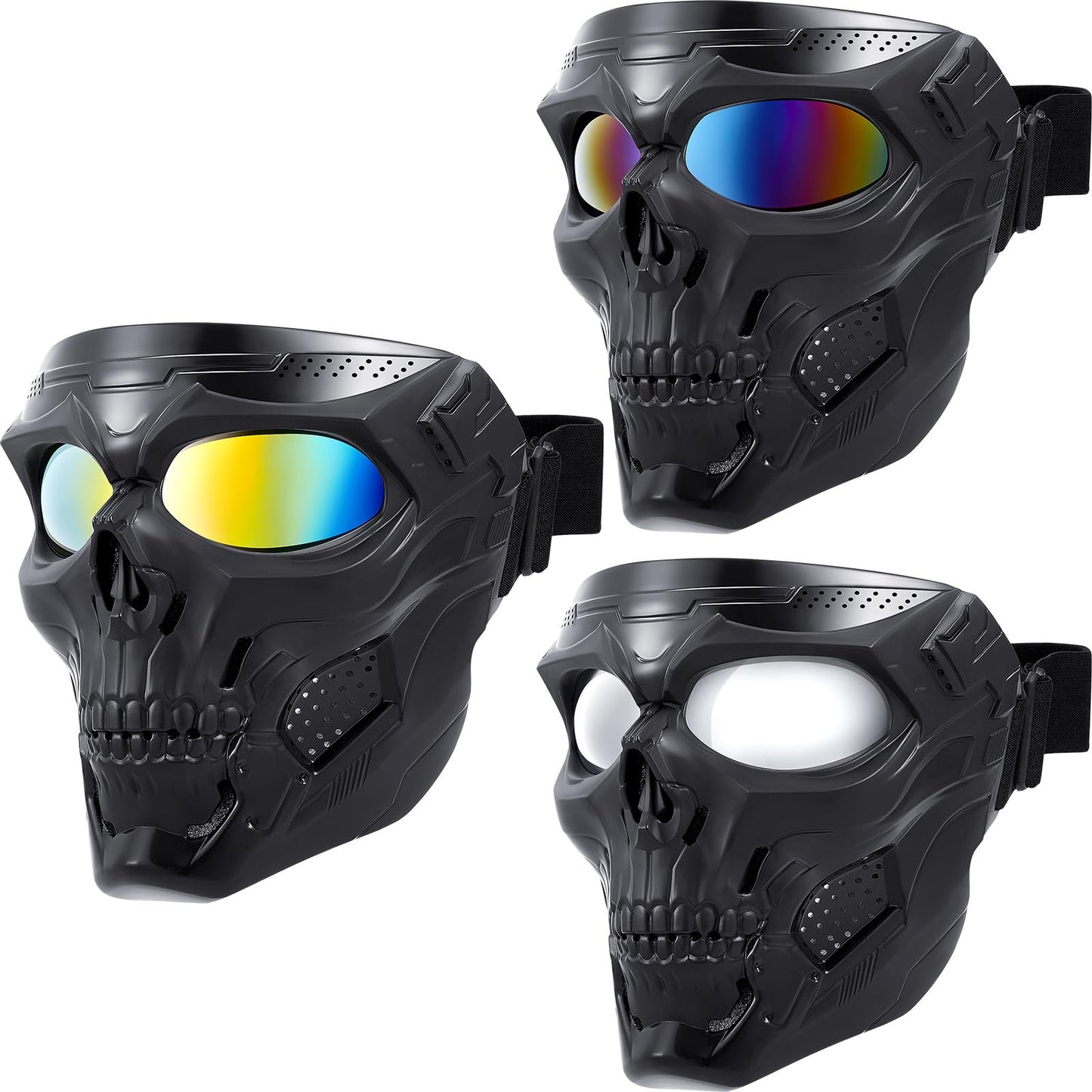Kanayu 3 Pcs Airsoft Mask Skull Full Face Paintball Motorcycle Face Mask Electroplated Lenses Military for Motocross, Riding Racing Shooting Cosplay Cs Survival Games for Men Women(Not Anti Fog)