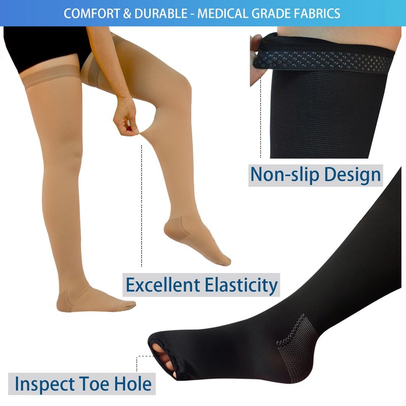 2 Pairs Anti Embolism Ted Hose Thigh High 15-20 mmHg Compression Stocking,Post Surgery Support Compression Socks with Inspect Toe Hole for Women & Men (Black + Beige, L)