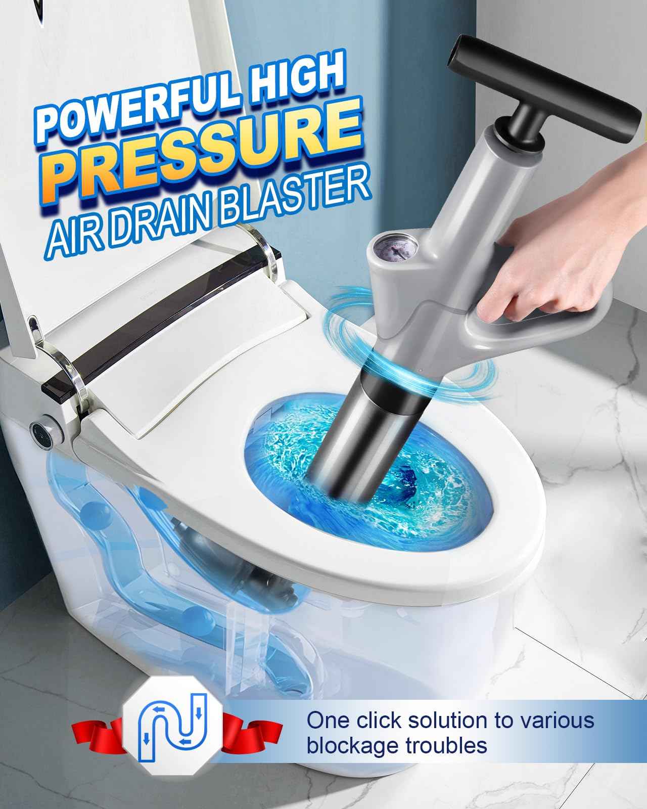 Stainless Steel Toilet Plunger, Air Drain Blaster, Drain Clog Remover Tool, High Pressure Drain Blaster Gun with Visual Barometer, Suitable for Sink, Bathroom, Kitchen, Toilet, Shower, Clogged Pipe