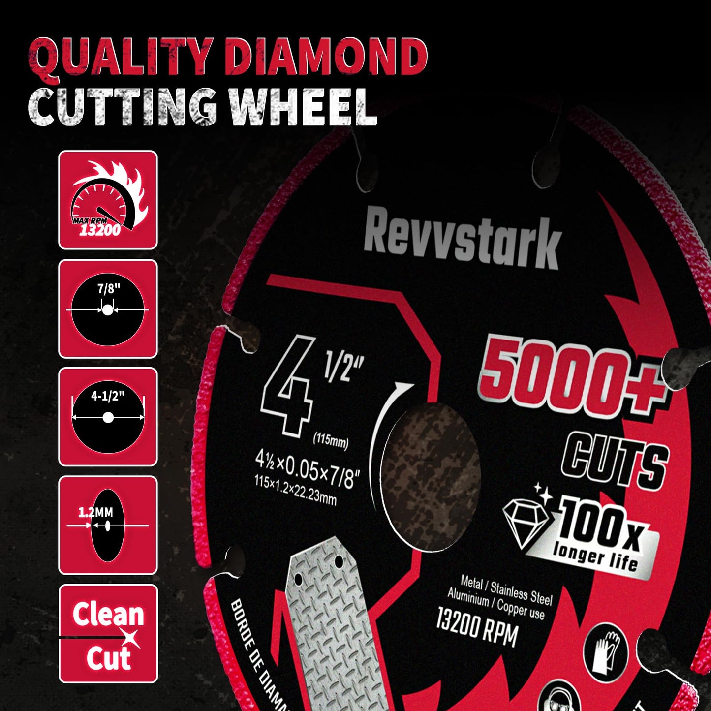 Revvstark Diamond Cutting Wheel 4 1/2 for Angle Grinder, with 7/8"" Arbor, Carbide Cutting Wheel, Metal Cutting Wheel, 4 1/2 Cut Off Wheel for Metal with 5000+ Cuts on Rebar, Steel, Iron and INOX