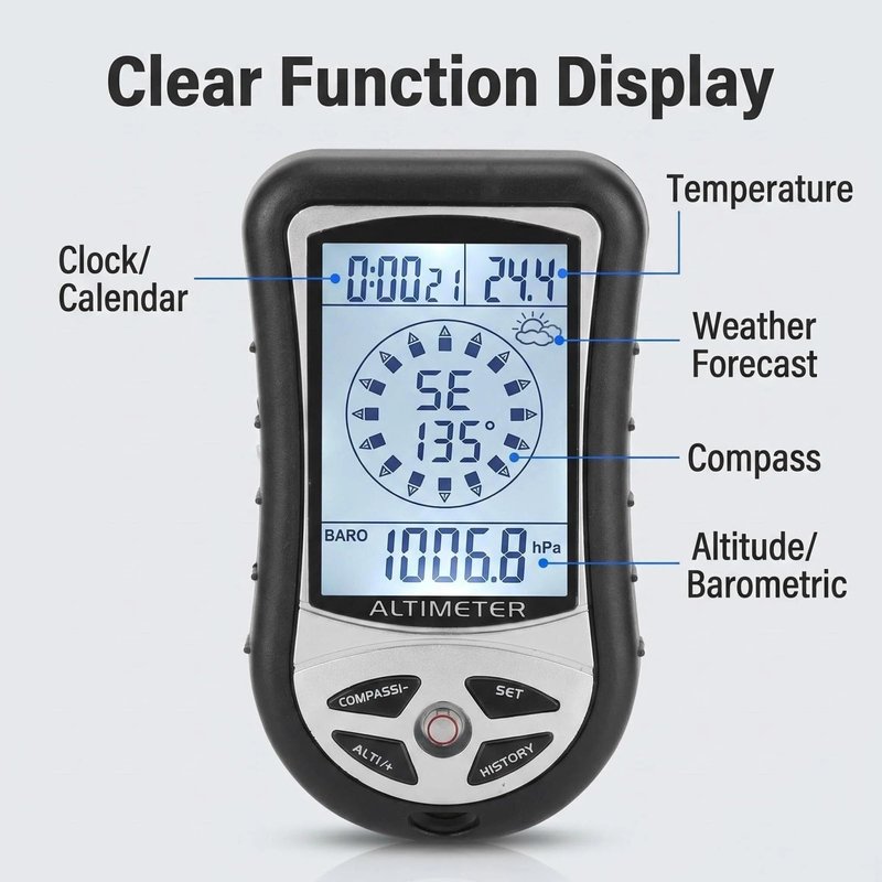 Kodrily Digital Altimeter, Digital Compass, Hiking Thermometer, Barometer 8 in 1 for Hiking Outside -2300 to 29500FT 1100MBAR, 300mbar to 1100mbar