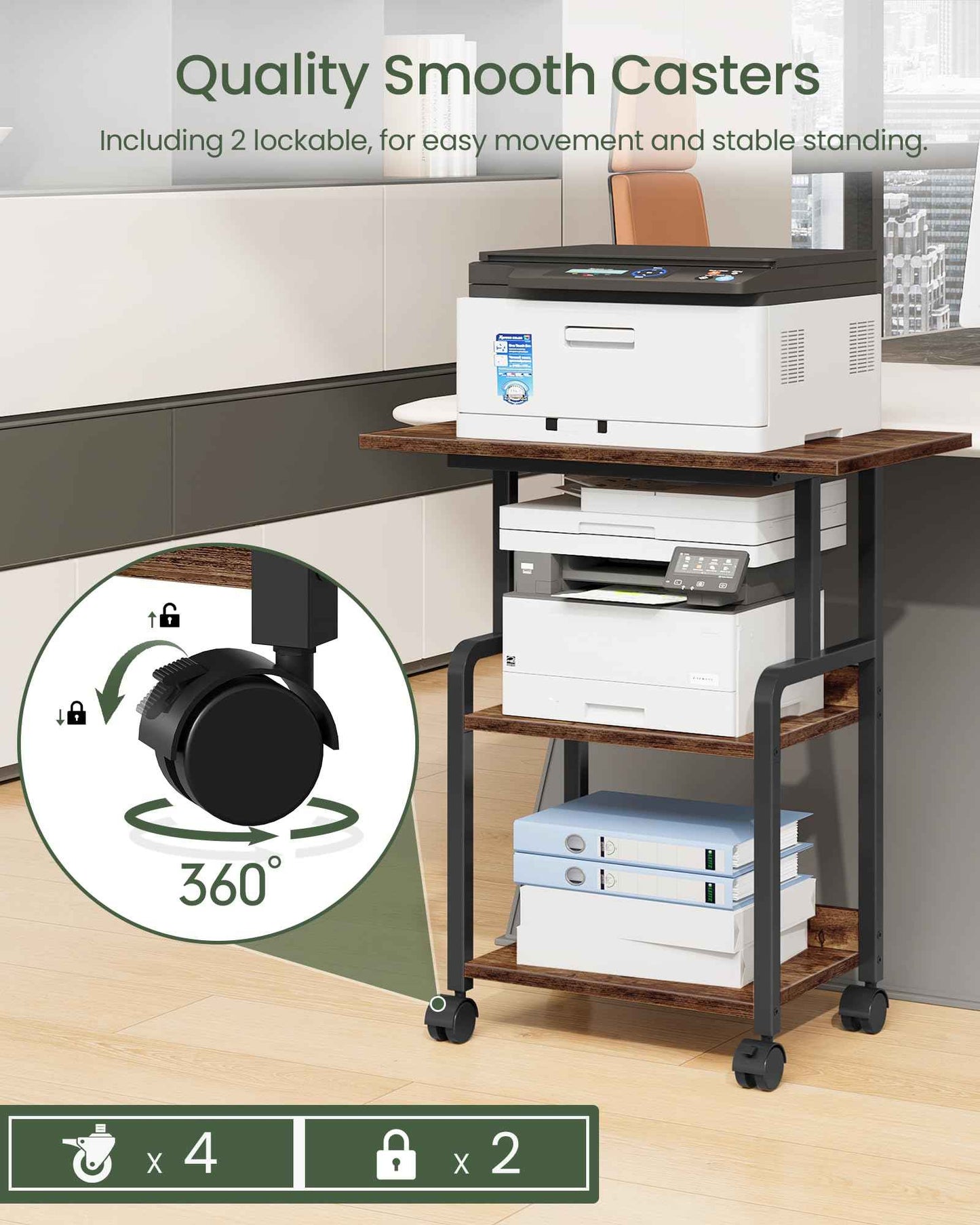 CHOEZON 23.6-in Printer Stand with Storage, 3-Tier Printer Table for Home Office, Printer Cart Under Desk Storage, Suitable for Study, Kitchen, Living Room, Rustic Brown and Black TPS02BF