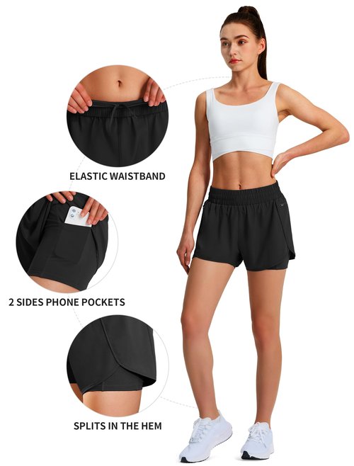 Ksmien Women's Running Shorts Quick Dry Lightweight Athletic Workout Shorts with Liner Phone Pockets Black