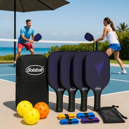 Bolaball Pickleball Paddles Set of 4 | Fiberglass Pickleball Paddle with 4 Pickleball Balls, 4 Grip Tapes, 1 Mesh Ball Bag & 1 Carry Bag | Pickleball Set for Indoor & Outdoor Games, Outdoor Sports
