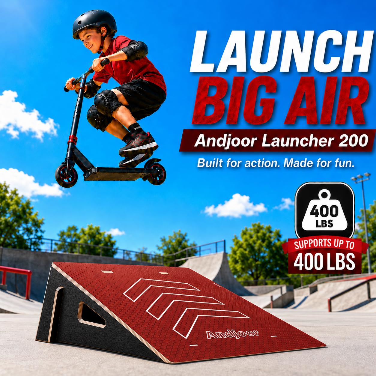 Andjoor Kids Jumping Ramp for Skateboard, Bike, Scooter, BMX, RC Car and Dirt Bike, 25.2 in, Red