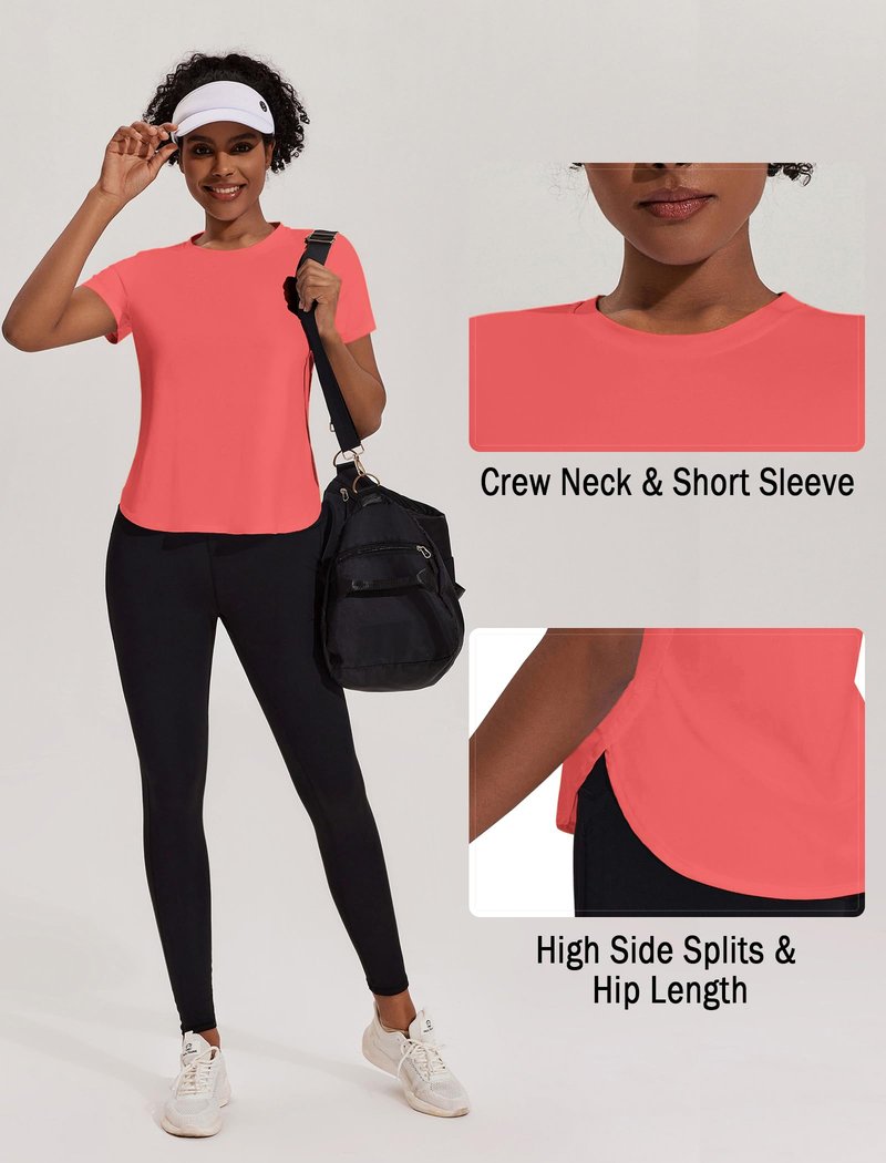 PINSPARK Workout Shirts Women Loose Fit Short Sleeve Workout Tops Crew Neck Athletic Tops Sunblock Breathable Hiking Running Pilates Yoga Shirt, Gloss Pink Large
