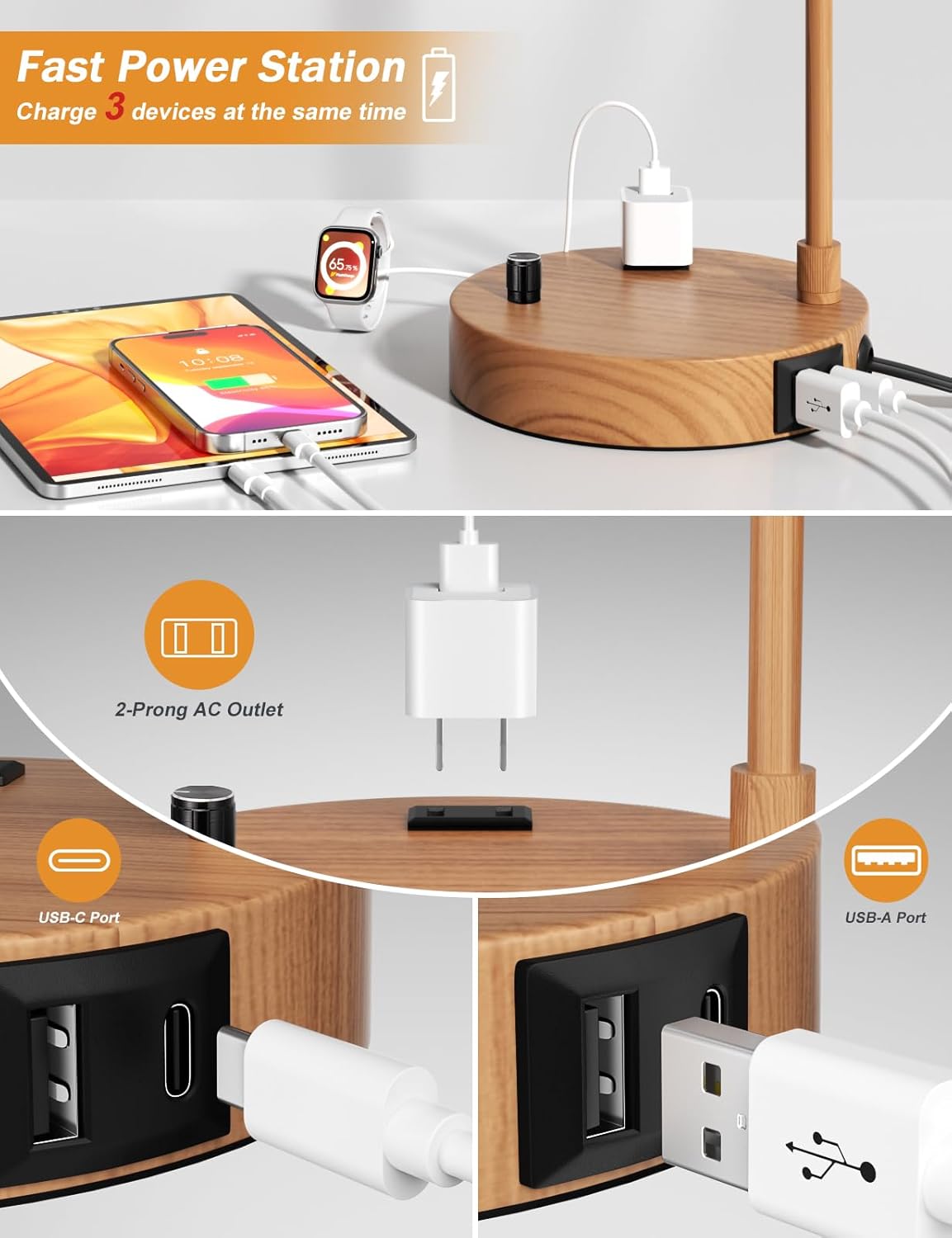 Dimmable Tall Table Lamp with USB Port & Outlet - Linen Shade Bedside Desk Lamp for Bedroom, Living Room, Home Office