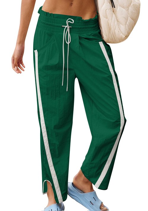 CITASHION Track Pants Women Casual Drawstring Barrel Pants Lightweight Baggy Contrast Color Workout Pants with 4 Pockets Green M