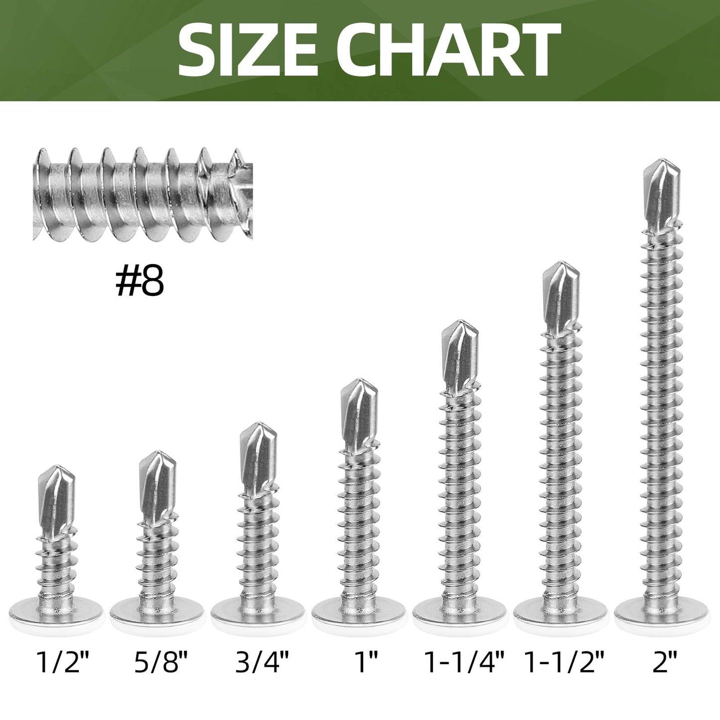 #8 x 1 (100 PCS) White Head Fast Self Tapping Sheet Metal Screws, Modified Truss Head Self Drilling Screw, Full Thread, Screwdriver Bit Included