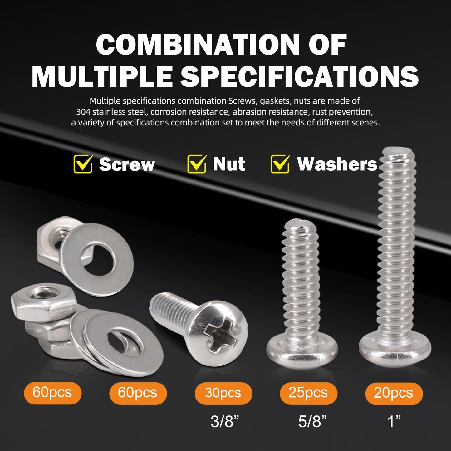 180 PCS Bolt Combination kit # 10 Machine Screws with Locking Washer and Flat Washer, 304 Stainless Steel Phillips Round Head Screws nut and Bolt kit # 10 (3/8 inch,3/4 inch、1 inch)