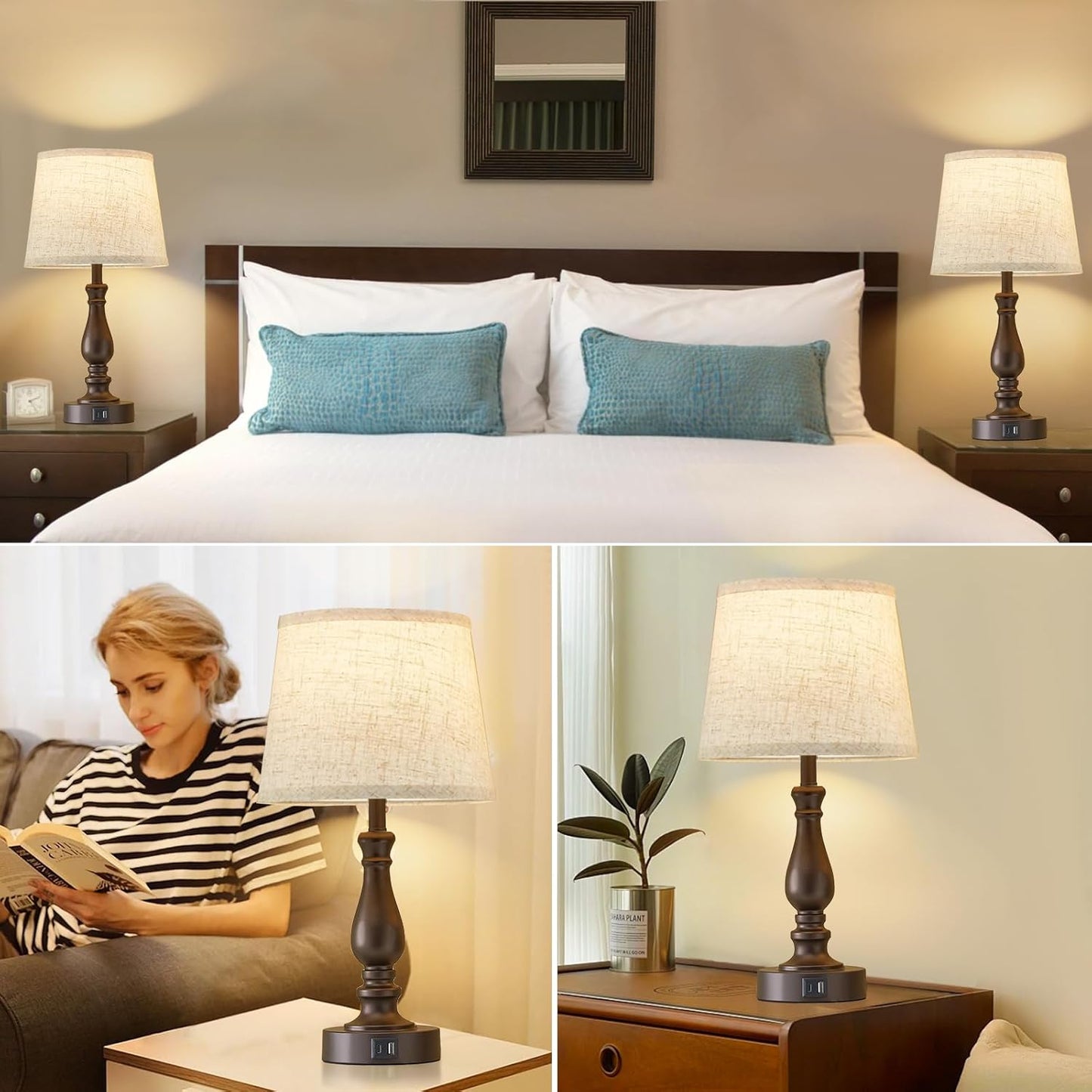Touch Bedside Table Lamps Set of 2 with USB C+A Ports - 3-Way Dimmable Linen Shade