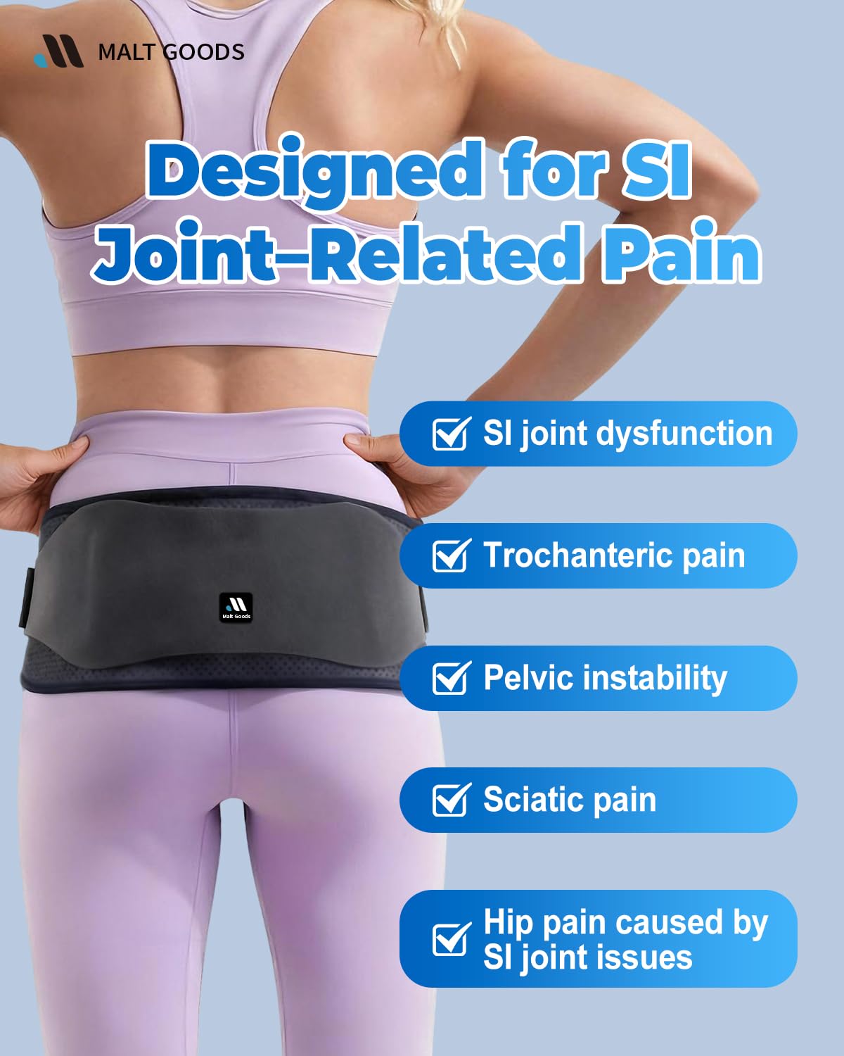 MALT GOODS Widened SI Joint Belt with 3D Massage Pads – Anti-Slip Sacroiliac Brace with Enhanced Stability for Pelvic & Sciatica Pain Relief. Breathable SI Support Belt for Women & Men (M)