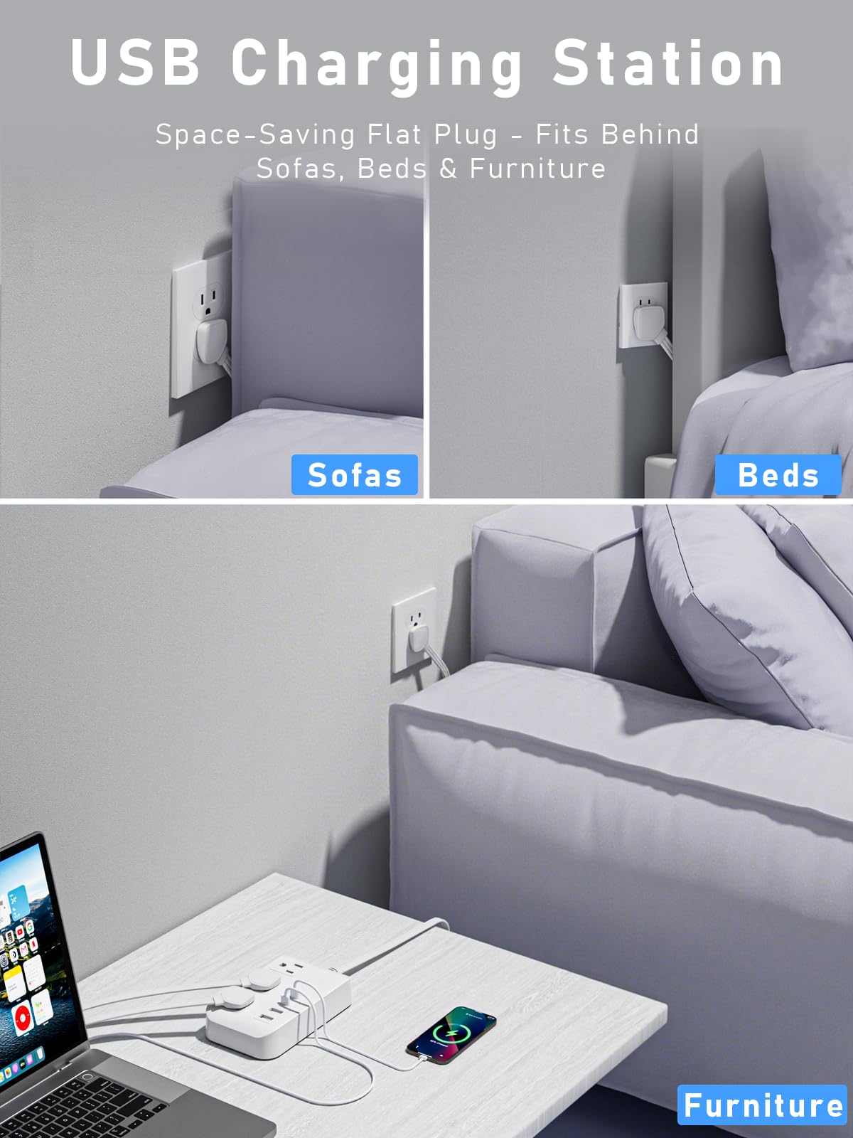 Power Strip-6FT Extension Cord Flat Wall Plug,3 Outlets 2 USB,2 USB-C,PD20W Charging Ports,Electrical Outlet,Flat Plug Power Strip,Outlet Extender,Cruise Ship Essentials for Home Dorm Room Essentials