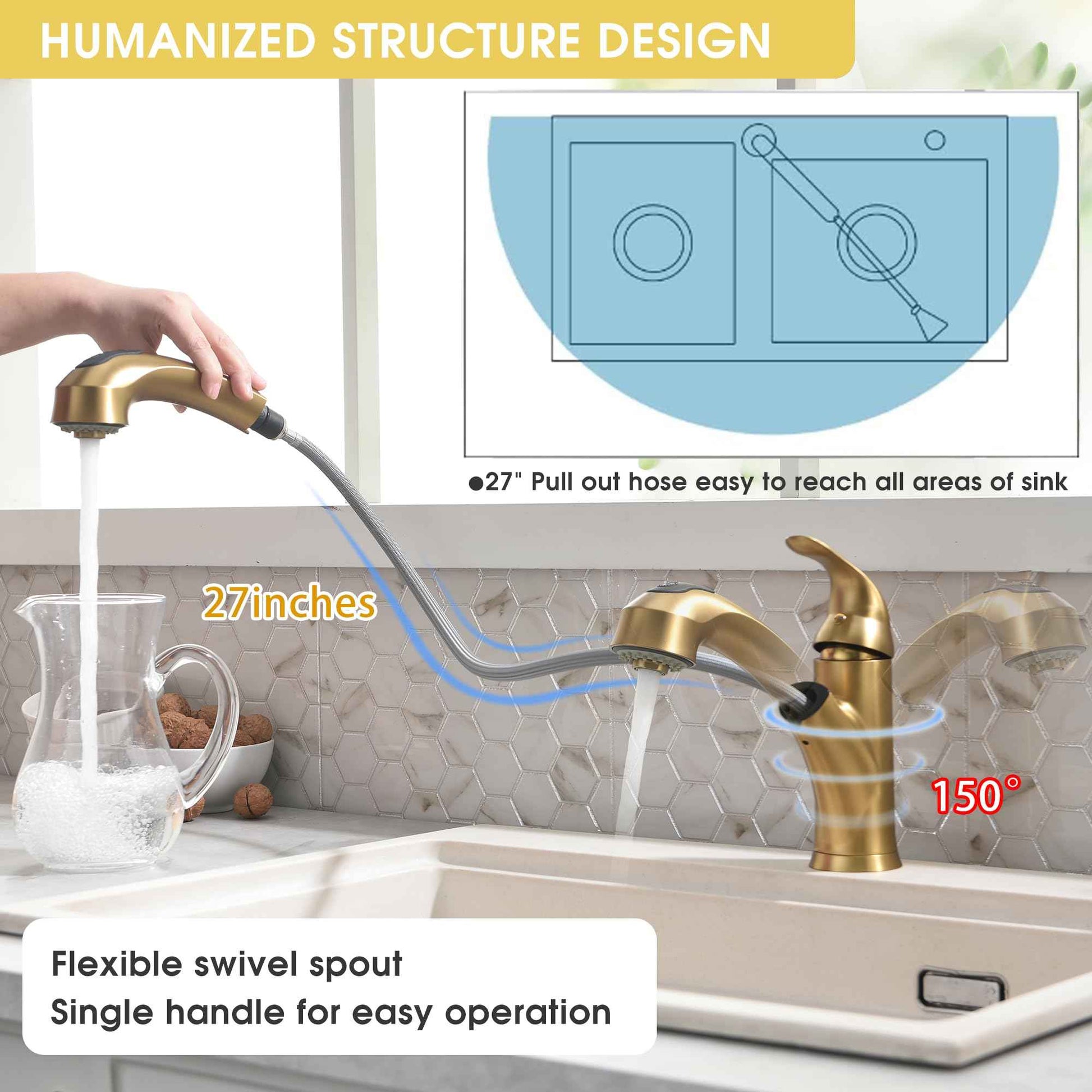 BRAVEBAR Gold Kitchen Faucet with Sprayer - Matte Brushed Gold Kitchen Sink Faucets with Pull Out Sprayer, Single Handle 1 Hole Faucet Solid Brass Commercial RV Faucets 2 Modes 150°Rotation No Lead