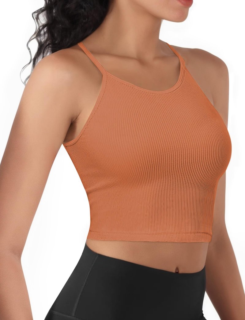 Ribbed Tank Top for Women 2025, Seamless Racerback Workout Tops, Basic Sports Camisole Tops, Crop Tops for Yoga Sports Going Out Orange S (Long Crop)