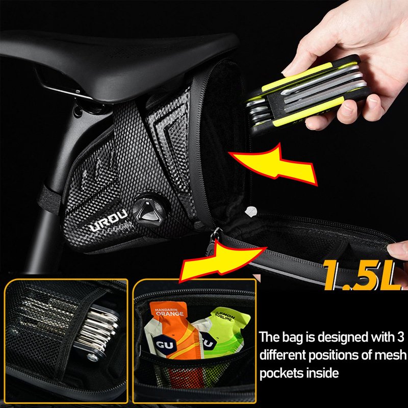 UROUK Bike Saddle Bag For Rear Rack Waterproof,Bike Seat Bag Black，Bike Pack Under Seat 1.5L
