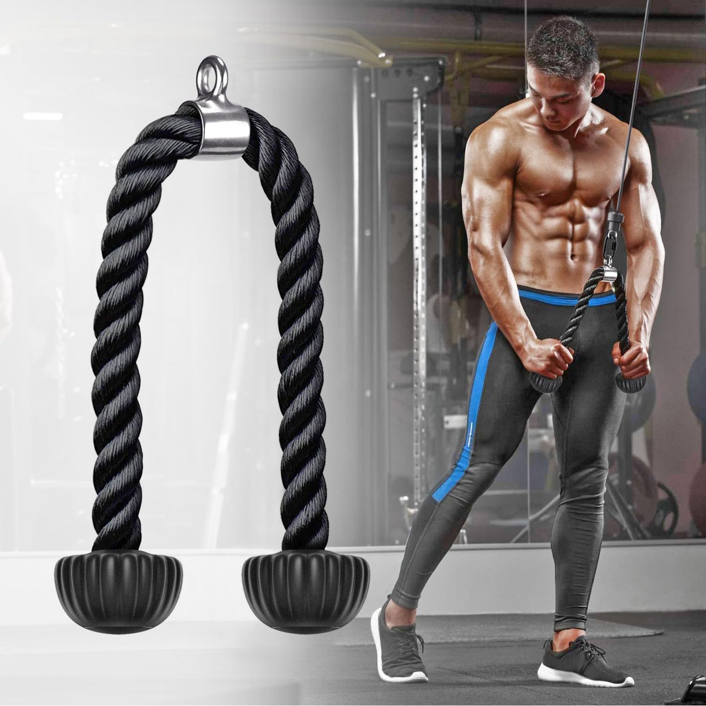 Kipika Set of 2 Tricep Rope, 28 & 36 Inch, Cable Machine Attachments Pulley System Gym Pull Down Rope, Heavy Duty Nylon Rope with Soft Rubber Ends, Black