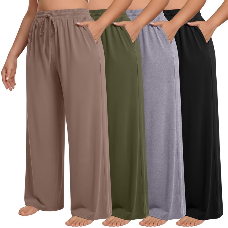 Neer 4 Pack Women's Plus Size Sweatpants Wide Leg Elastic Waist Lounge Yoga Pants Loose Fit Drawstring Jogger with Pockets(Black, Coffee, Army Green, Light Mixed Gray,XX-Large)