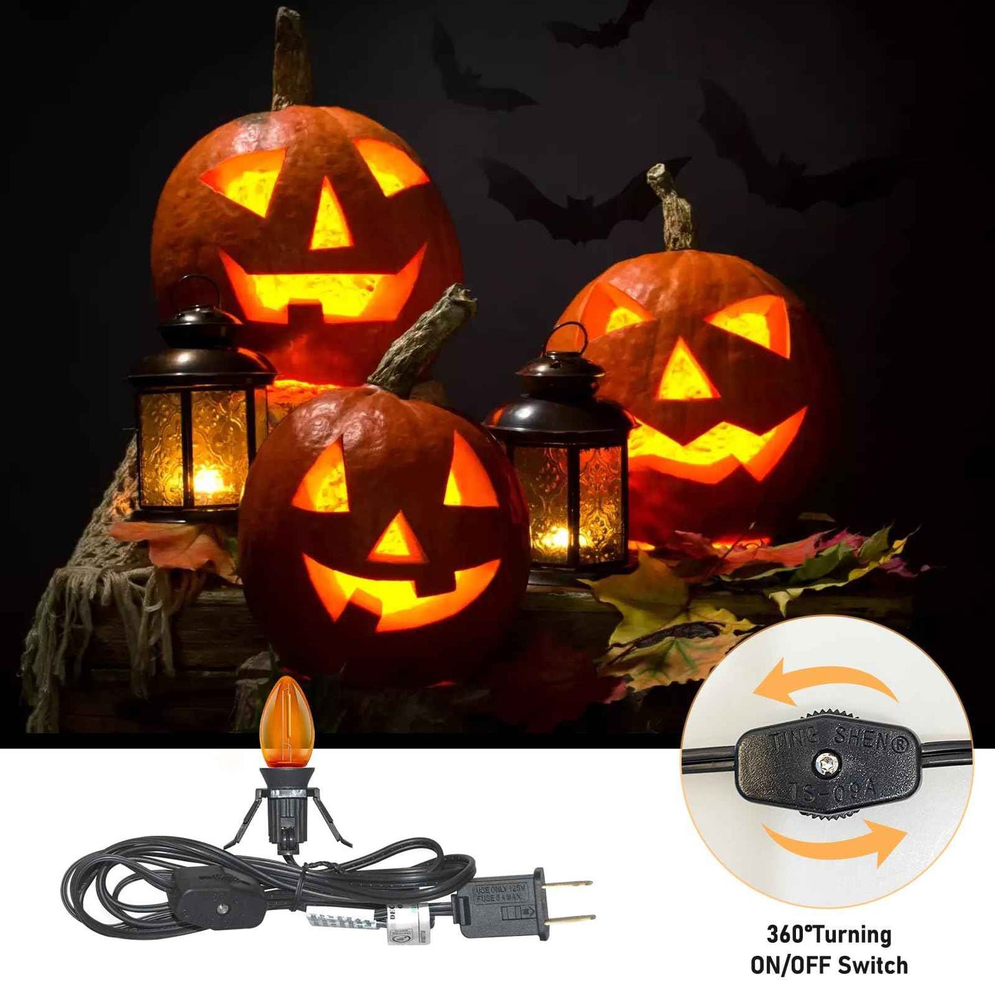 4 Pack Accessory Cord with One LED Orange Light Bulb, 6Ft Black Cord Halloween Night Lights with On/Off Switch Plugs, C7 Clips Indoor String Lights for Halloween Pumpkin Christmas Village House Crafts