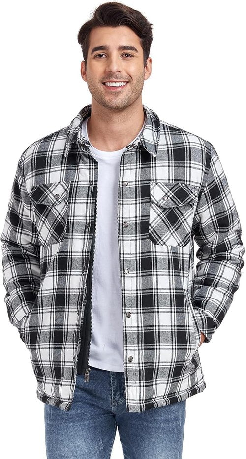 CHEXPEL Flannel Jacket for Men - Hooded, Quilt-Lined, Long Sleeve Plaid Winter Coat