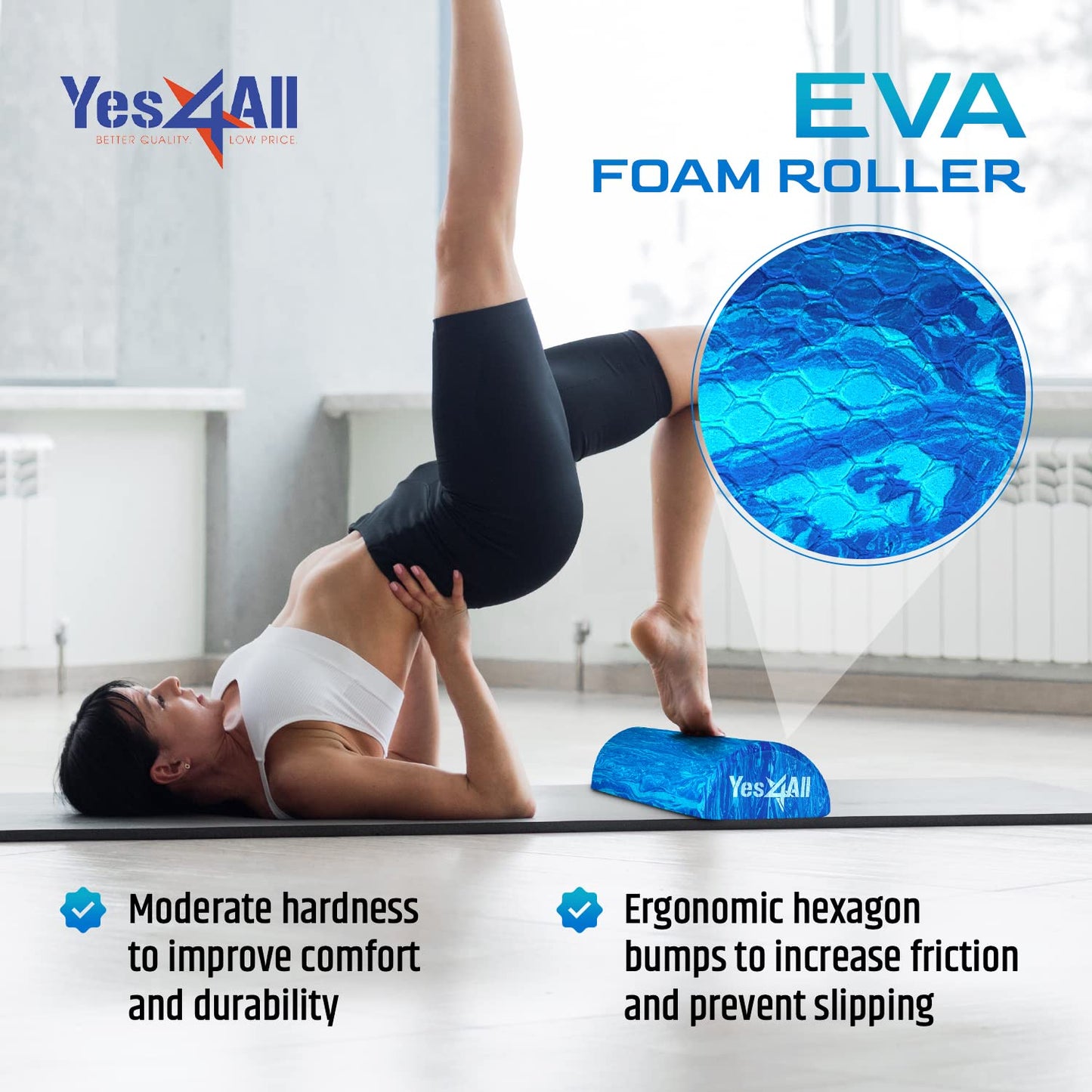 Yes4All Half Round Foam Roller, EVA Firm Half Foam Roller for Yoga, Half Yoga Back Roller for Muscle Massage for Pilates, Balance & Core Exercises - 12/36 inches - Blue, 12 inches