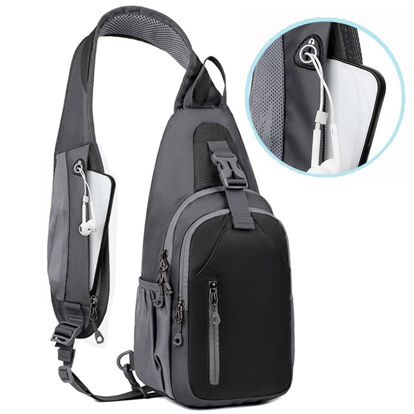 DAYELIVE Sling Bag for Mens Crossbody Bag Travel Sling Backpack Hiking Daypack Chest Bag Shoulder Bag, Large Cross Body Bag with Chest Phone Holder Black&Grey