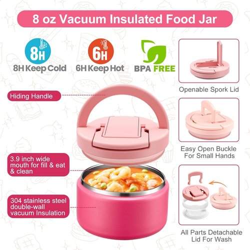 MAXSO Bento Lunch Box Set - Leakproof Hot Food Container with 8 oz Soup Thermo & 4 Compartments - Pink