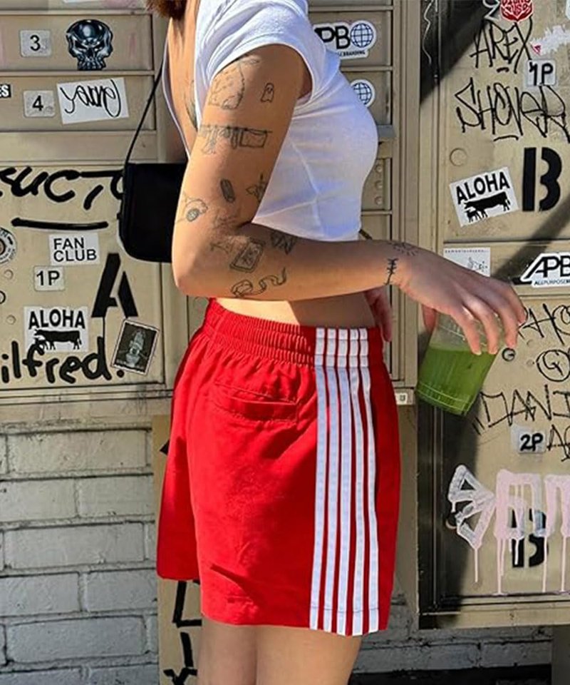 ABINGOO Women Athletic Sweat Shorts Side-Striped Y2k Summer Elastic Waist Workout Loose Wide Leg Lounge Shorts with Pockets(Red,M)