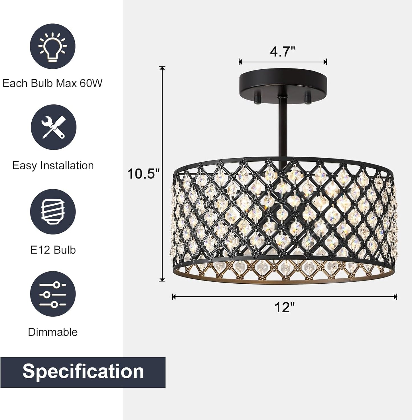 Modern Black Crystal Semi Flush Mount Ceiling Light Fixture - 11.2" Round Chandelier for Dining Room, Hallway, Kitchen & Bedroom