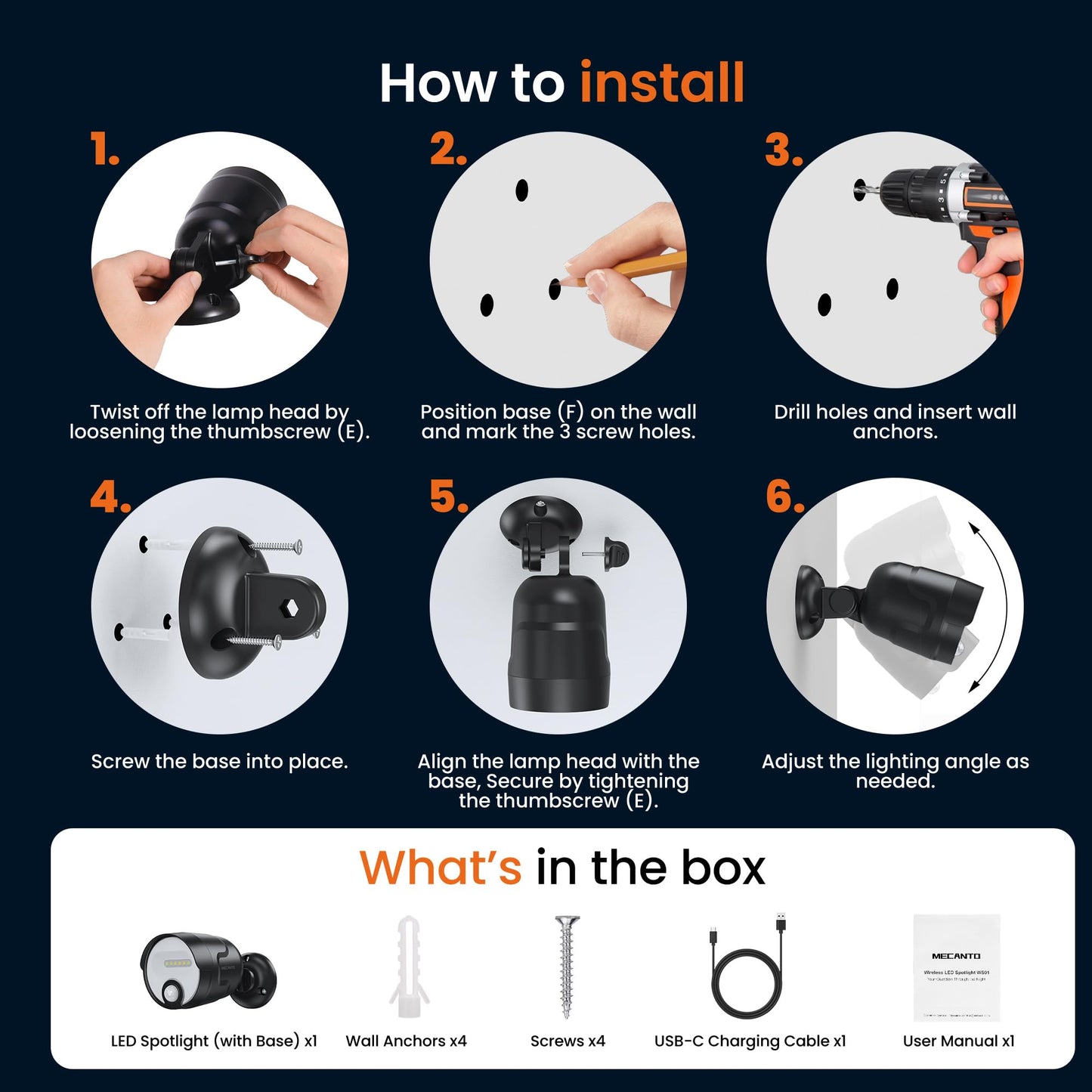 Mecanto Battery Operated Motion Sensor Light Outdoor, 4000mAh Rechargeable 600 Lumen 2 Modes(Dusk to Dawn) Battery Powered Spotlight Outdoor Waterproof for Porch, Garage, House