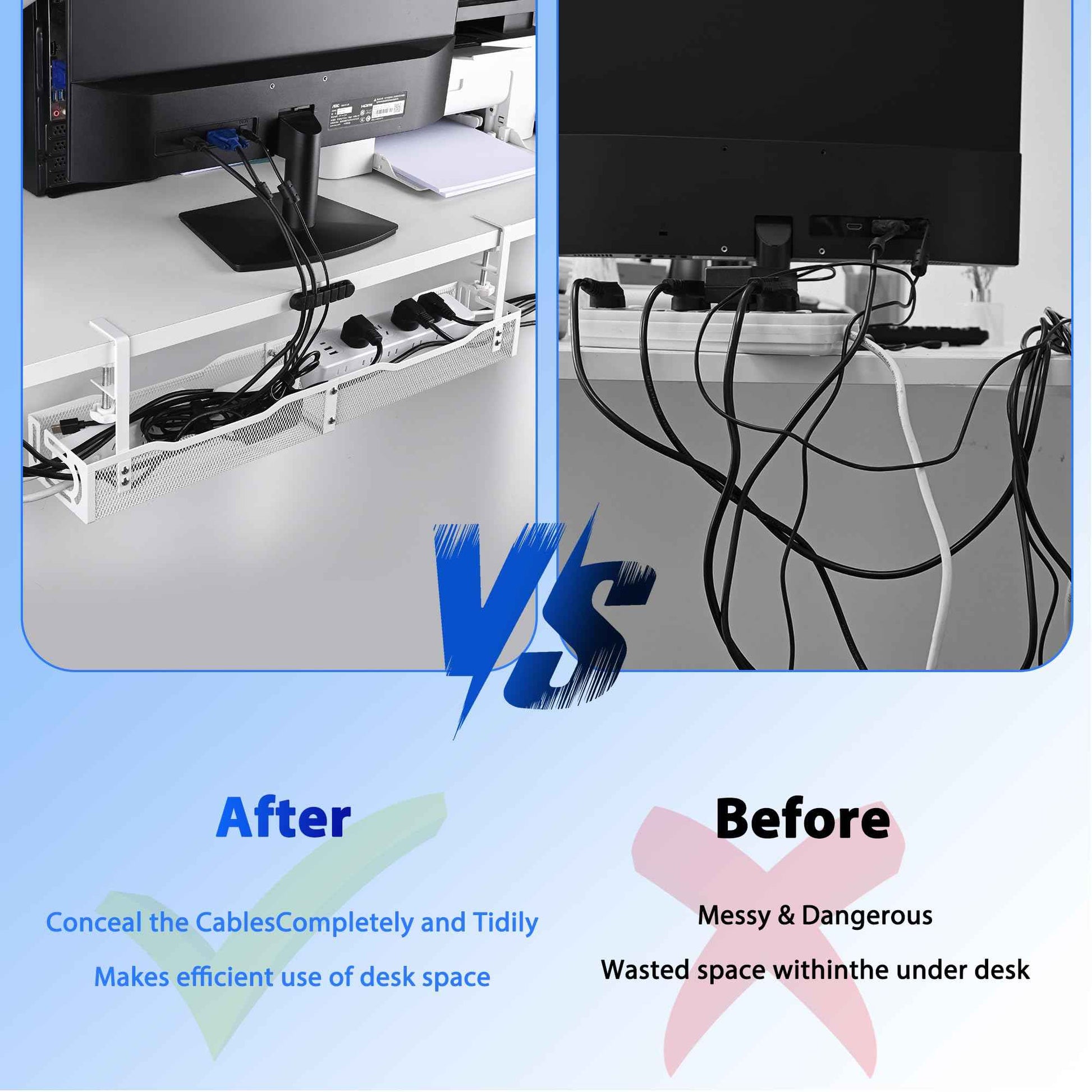 Under Desk Cable Management Tray 25.3 Inch – No Damage Install, Cord Organizer for Office & Home, Wire Organizer for Desk Storage, White