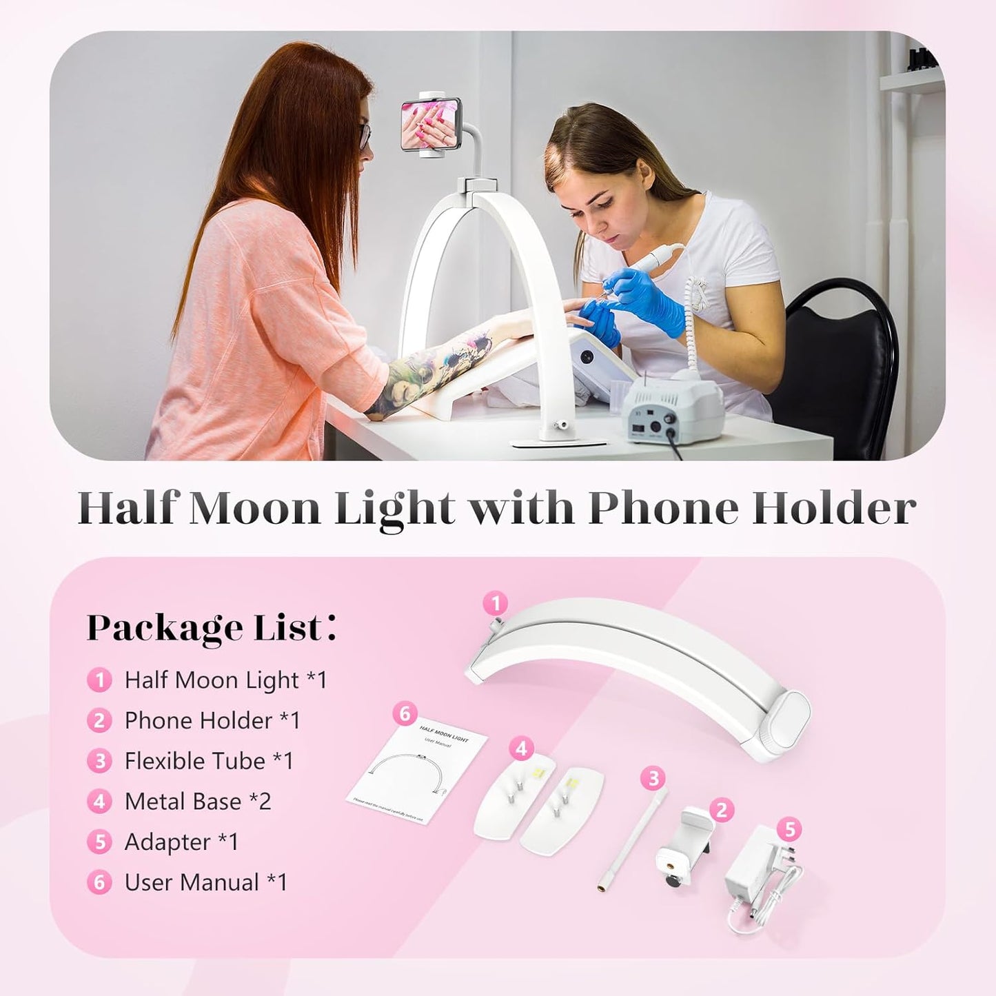 Yokilly Foldable Half Moon Nail Desk Lamp with Phone Holder - 3 Color Modes & 10 Brightness Levels for Manicure Salon