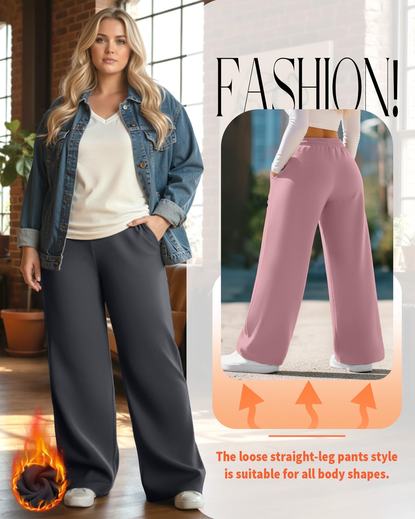JoyMotion 3 Pack Women's Plus Size Fleece Lined Sweatpants Wide Leg Joggers Shock Cord High Waisted Thermal Pants with Pocket(Black, Dark Gray, Light Pink,3X-Large)