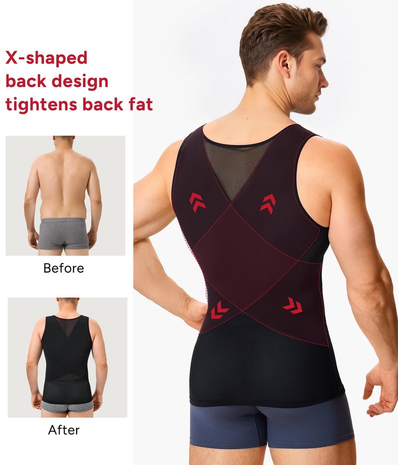 Nebility Mens Compression Shirt for Gynecomastia - Sleeveless Slimming Undershirts Body Shaper Vest Mesh Shapewear Workout Tank Tops Black