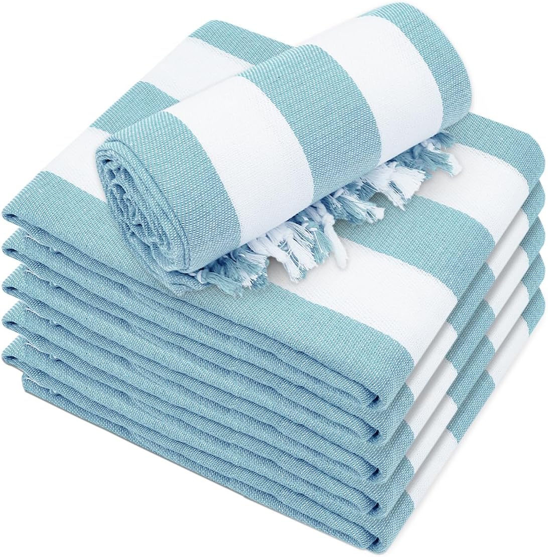 Turkish Towel Set of 6 - Quick Dry, Lightweight Cotton Beach Towels | 36 x 71 Inches, Sand Free, Blue