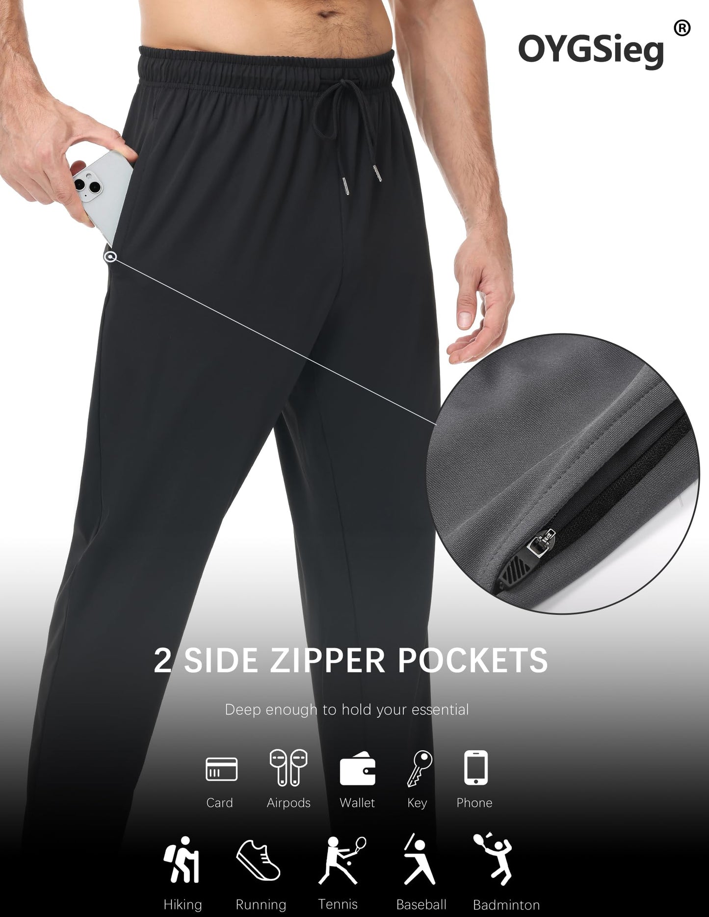 OYGSieg 4 Pack Mens Sweatpants with Zipper Pockets Open Bottom Joggers for Men Lightweight Track Pants for Casual Hiking