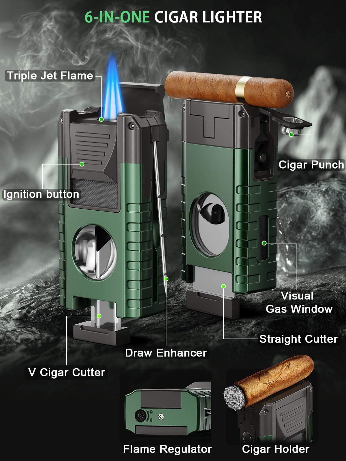 6-in-1 Torch Cigar Lighter with Triple Jet Flame, Dual Cigar Cutter, Punch, Draw Enhancer, Holder, Refillable Butane Lighter with Gift Box, Cool Lighters Cigar Accessories for Smoking, Travel, Candles