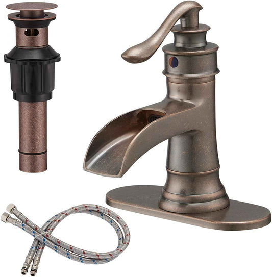 Matte Black Waterfall Bathroom Faucet - Single Handle Lavatory Sink Mixer with Brass Drain