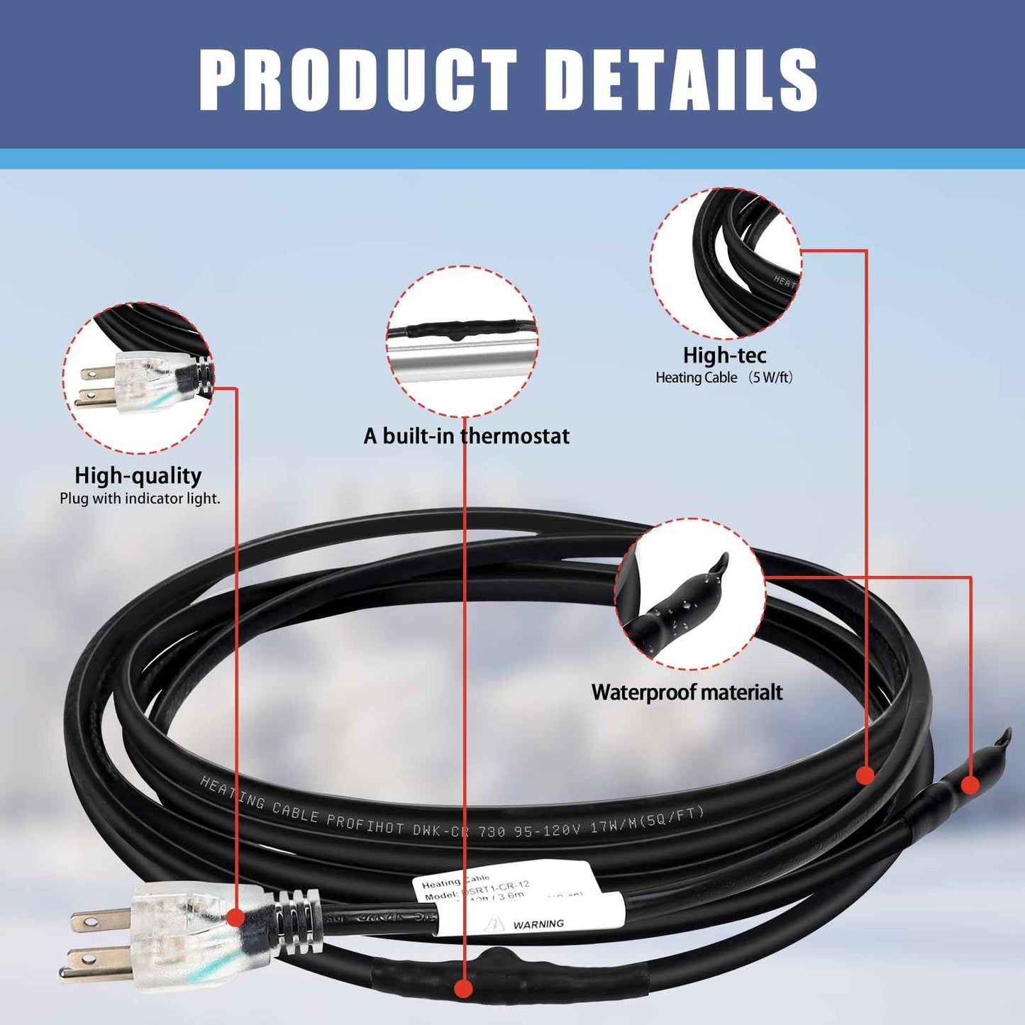 12FT Self-Regulating Pipe Heating Cable with Thermostat,Heat Tape for Water Pipe Freeze Protection,Pipes Heating Trace System for Home Supply Pipes,120V 5W/FT