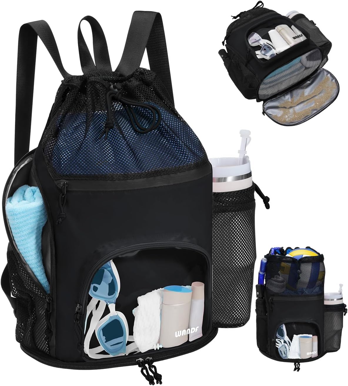 WANDF Swim Bag - Sandproof Beach Backpack with Wet Pockets & 40oz Tumbler Holder | Black