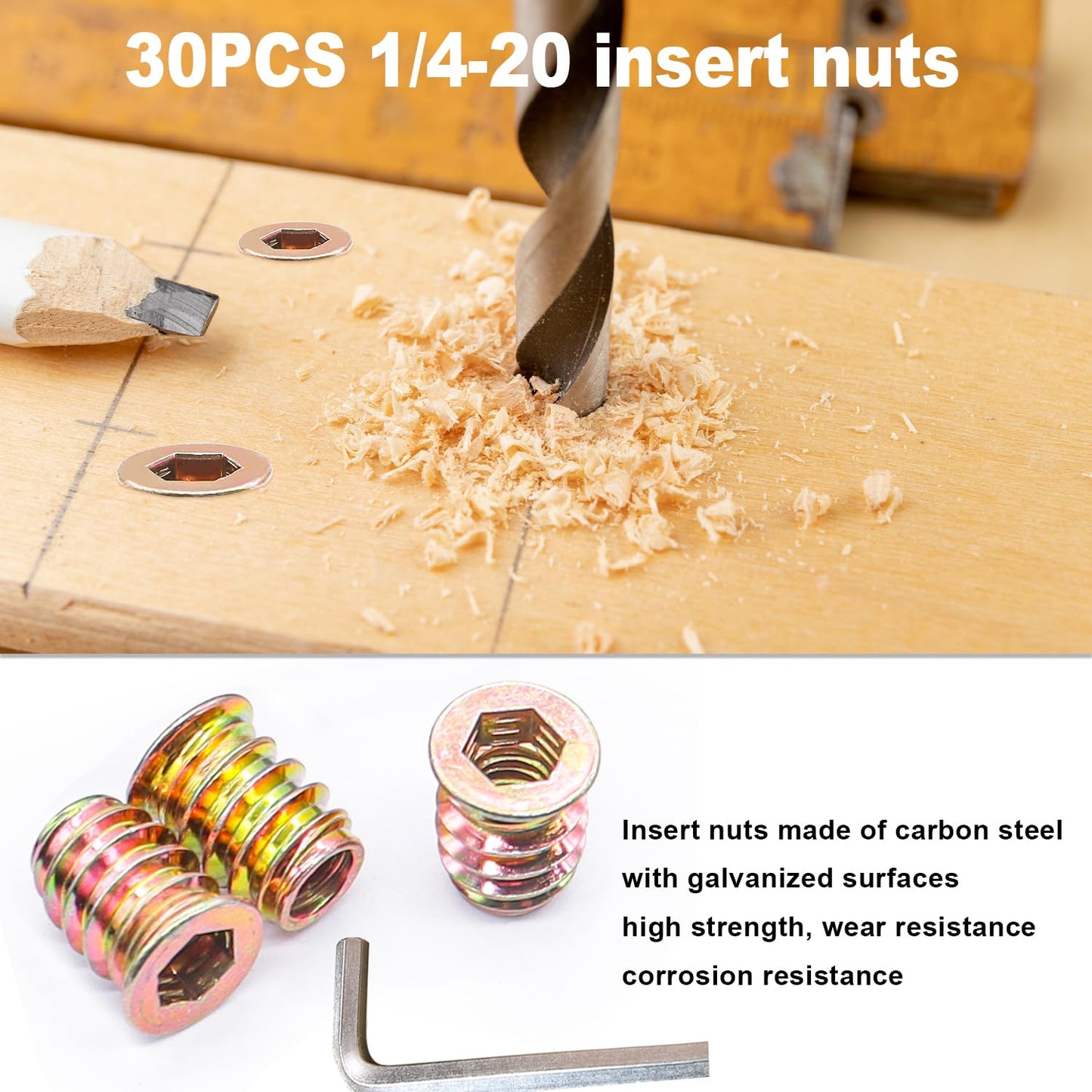 Taiss 30 Sets 1/4-20 x 3/4" Furniture Screw Nut Threaded Inserts for Wood,1/4-20 x 19/32" Nut Threaded Wood Inserts Bolt Fastener Connector Hex Socket Drive Screw-in Nuts with Hex Spanner