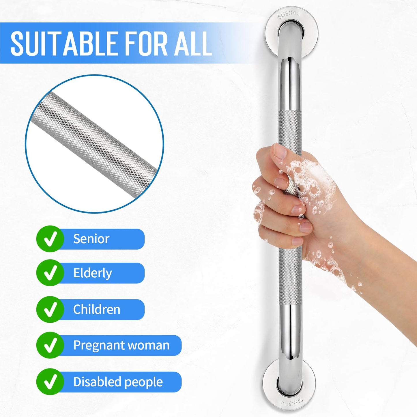 2 PCS Shower Grab Bars for Seniors, 16 Inch Anti Slip Shower Handle, Stainless Steel Bathroom Balance Bar, Safety Hand Rail Support, Assist Bath Handrails for Handicap, Elderly, Pregnant