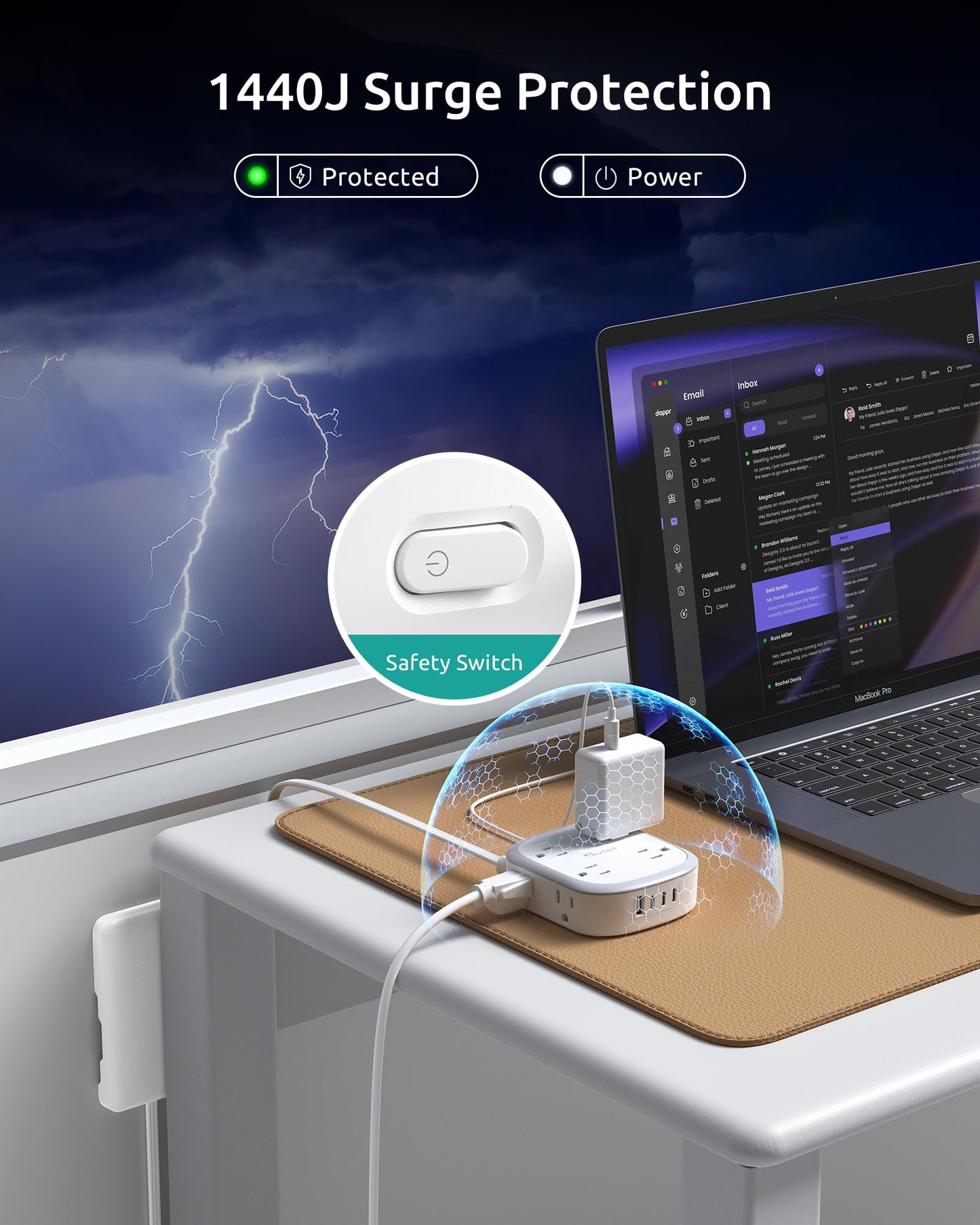 Outlet Cover Extension Cord Flat 6ft, NUTICT Flat Plug Power Strip with 8 Outlets & 3 USB-C & 1 USB-A Port, 13A/1625W, 1440J Surge Protector, Indoor 3 Prong Flat Wall Plug for Tight Spaces, White