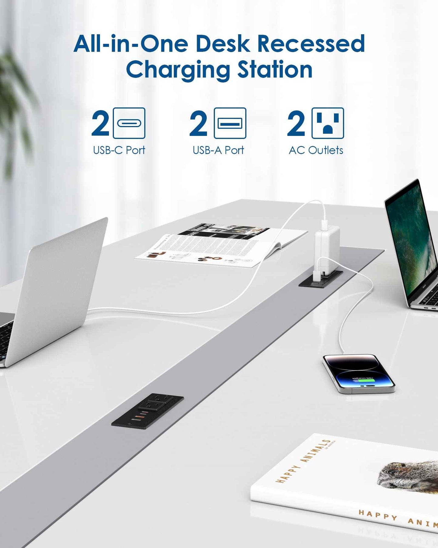 Recessed Power Strip 30W USB C,Furniture Flush Mount Desk Outlet,2 Outlets 4 USB Ports,Recessed Outlet for Side Table/Sofa Table,Ultra Thin Flat Plug Power Strip,3FT Cord (Black)