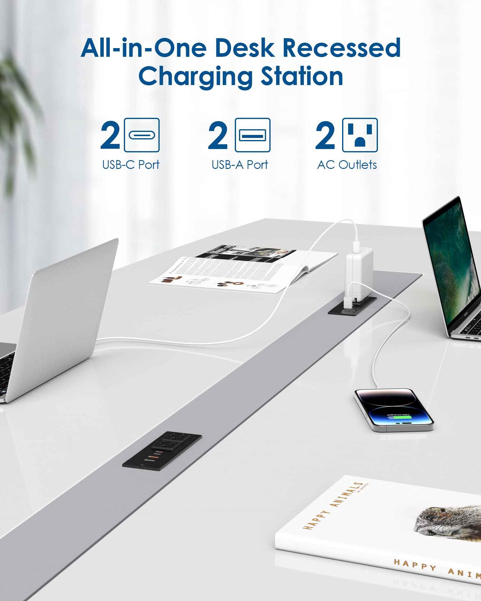 Recessed Power Strip 30W USB C,Furniture Flush Mount Desk Outlet,2 Outlets 4 USB Ports,Recessed Outlet for Side Table/Sofa Table,Ultra Thin Flat Plug Power Strip,3FT Cord (Black)