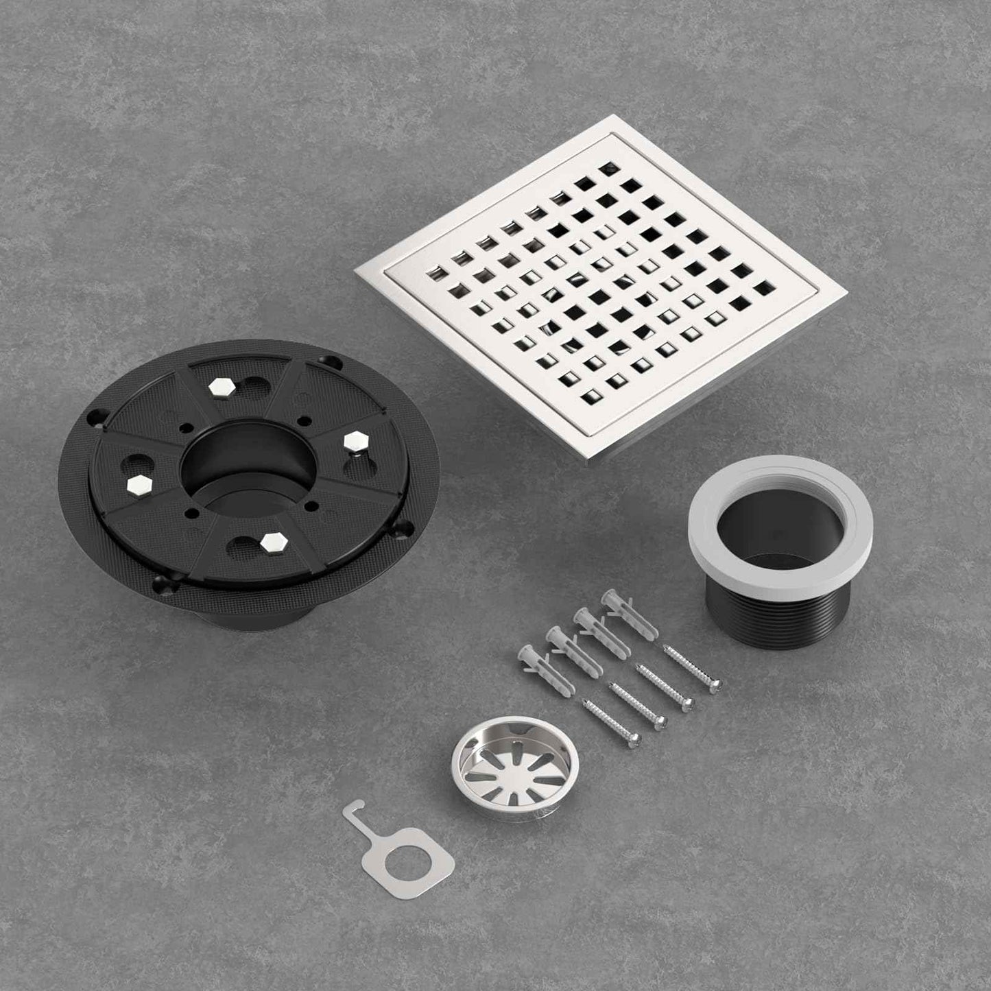 Premium 6 Inch Square Shower Floor Drain with Flange - Quadrato Pattern Removable Grate, Brushed Nickel Food-Grade SUS 304 Stainless Steel