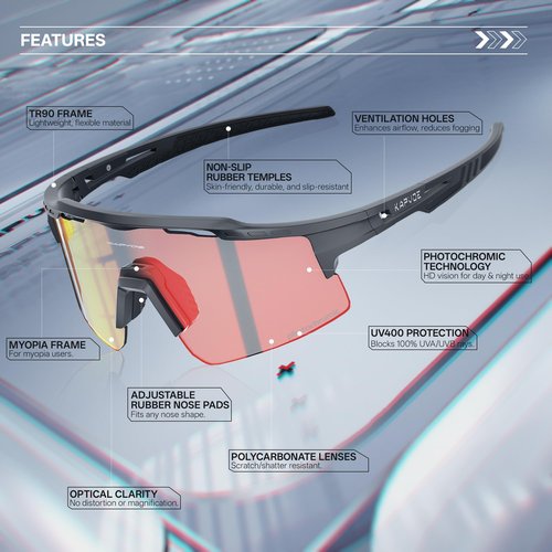 KAPVOE Photochromic Cycling Glasses UV400 Protection Mountain Bike Clear Sports Sunglasses For Men Women MTB Bicycle Riding Baseball Running Driving Fishing Golf 01 Red Black